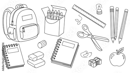 Back to school essentials: linear outline of stationery and supplies