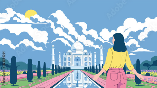 Flat illustration of a woman admiring Taj Mahal with reflection pool and floral garden. Perfect for culture, romance, and world travel themes