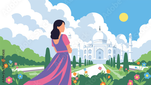 Flat illustration of a woman admiring Taj Mahal with reflection pool and floral garden. Perfect for culture, romance, and world travel themes