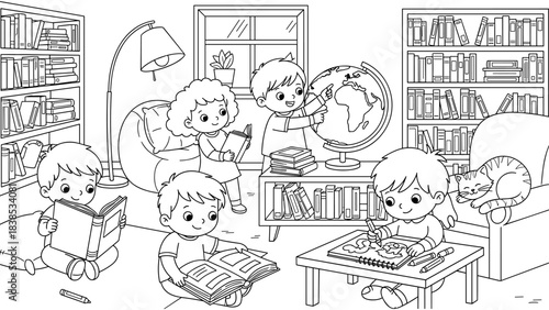 Children learning and exploring in cozy library with books and globe