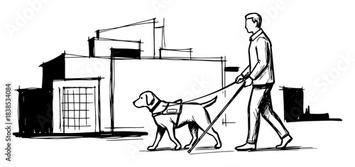 blind man with guide dog walking in city vector shape
