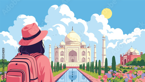 Flat illustration of a woman admiring Taj Mahal with reflection pool and floral garden. Perfect for culture, romance, and world travel themes