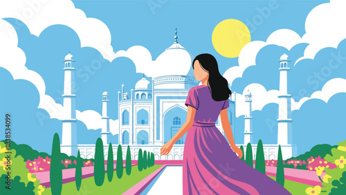 Flat illustration of a woman admiring Taj Mahal with reflection pool and floral garden. Perfect for culture, romance, and world travel themes