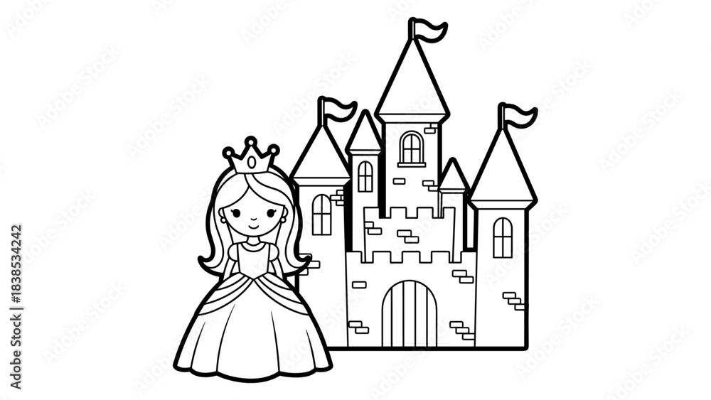 Fototapeta premium Cute princess and castle in black and white outline art for kids