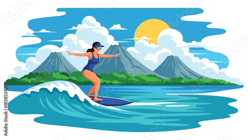Flat illustration of a woman relaxing or surfing in Hawaii with tropical beach, flowers, and mountains. Great for vacation and lifestyle travel themes