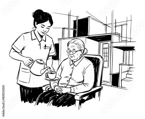 nurse serving tea to elderly woman sketch vector