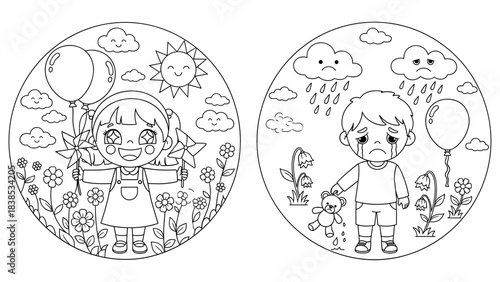 Happy and sad childhood: contrasting emotions through playful characters in black and white art