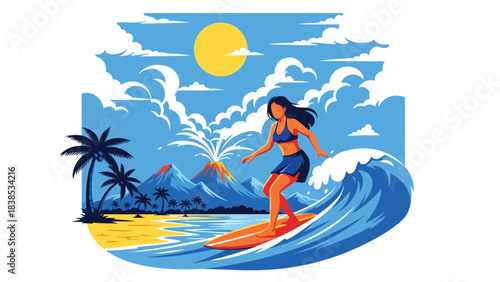 Flat illustration of a woman relaxing or surfing in Hawaii with tropical beach, flowers, and mountains. Great for vacation and lifestyle travel themes