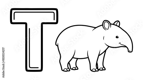 Alphabet letter t with tapir outline drawing for kids' educational materials