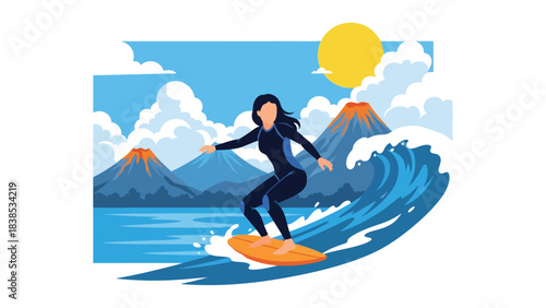 Flat illustration of a woman relaxing or surfing in Hawaii with tropical beach, flowers, and mountains. Great for vacation and lifestyle travel themes