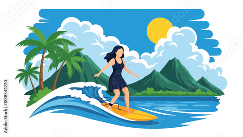 Flat illustration of a woman relaxing or surfing in Hawaii with tropical beach, flowers, and mountains. Great for vacation and lifestyle travel themes