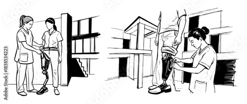 rehabilitation physiotherapy nurse helping patient walk sketch vector