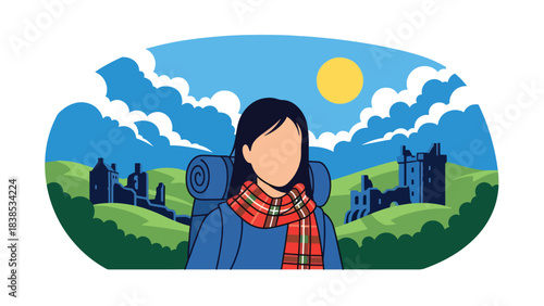 Flat illustration of a woman hiking Scottish Highlands with castle ruins and rolling hills. Ideal for nature travel and heritage themes