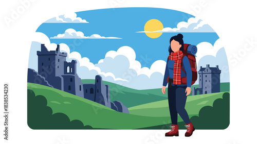 Flat illustration of a woman hiking Scottish Highlands with castle ruins and rolling hills. Ideal for nature travel and heritage themes