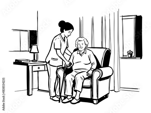 nurse helping elderly woman stand from chair vector shape silhouette