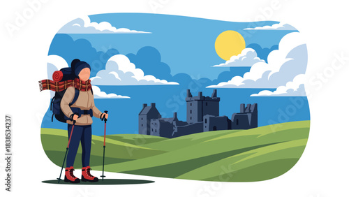 Flat illustration of a woman hiking Scottish Highlands with castle ruins and rolling hills. Ideal for nature travel and heritage themes