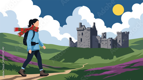 Flat illustration of a woman hiking Scottish Highlands with castle ruins and rolling hills. Ideal for nature travel and heritage themes