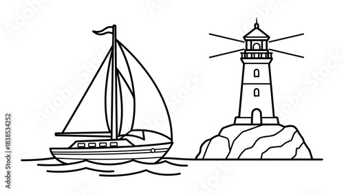 Sailboat passing lighthouse in minimalist line art style
