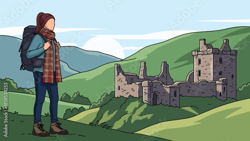 Flat illustration of a woman hiking Scottish Highlands with castle ruins and rolling hills. Ideal for nature travel and heritage themes