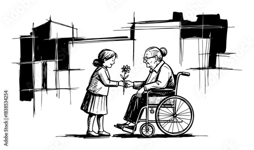 child giving flower to woman in wheelchair vector shape silhouette