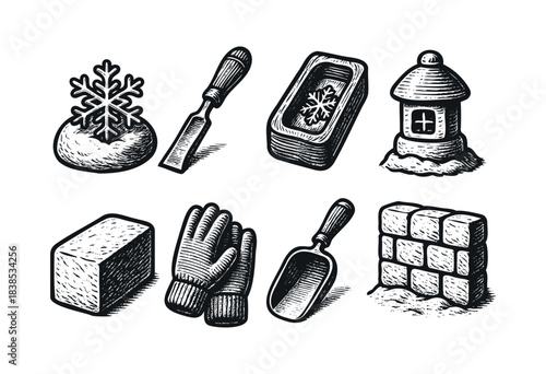 A vintage style set of vector icons featuring a snowflake, shovel, star, candle, brick, and gloves — stock vector.