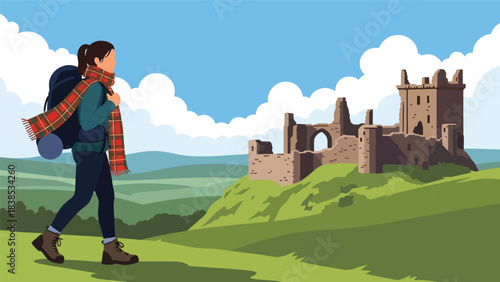 Flat illustration of a woman hiking Scottish Highlands with castle ruins and rolling hills. Ideal for nature travel and heritage themes