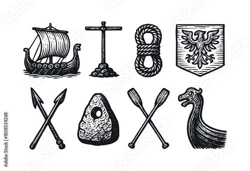 A set of ancient Norse symbols and elements in a vintage engraved style — stock vector.