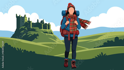 Flat illustration of a woman hiking Scottish Highlands with castle ruins and rolling hills. Ideal for nature travel and heritage themes