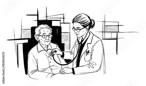 doctor examining elderly patient with stethoscope vector shape silhouette