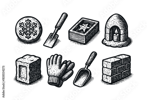 A vintage style set of vector icons featuring a snowflake, shovel, star, candle, brick, and gloves — stock vector.
