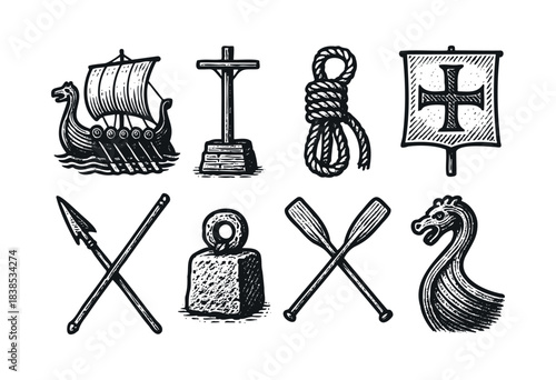A set of historical Viking and nautical icons with woodcut style detailing — stock illustration.