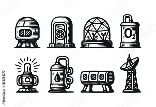 A set of lunar base modules for space colonization, including habitat, airlock, greenhouse, and energy components — stock vector.