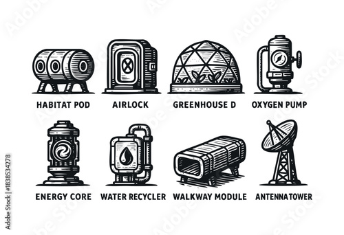 A set of lunar base modules for space colonization, including habitat, airlock, greenhouse, and energy components — stock vector.