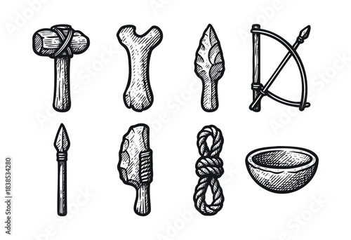 Engraved neolithic tools, including a hammer, bone, arrowhead, bow, spear, knife, rope, and bowl, on a white background — stock illustration.