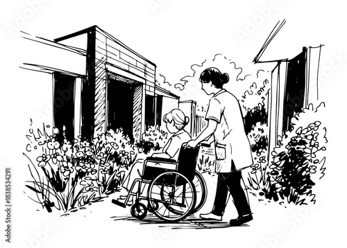 caregiver pushing elderly woman in wheelchair through garden vector shape silhouette
