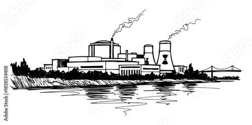nuclear power plant by river sketch vector