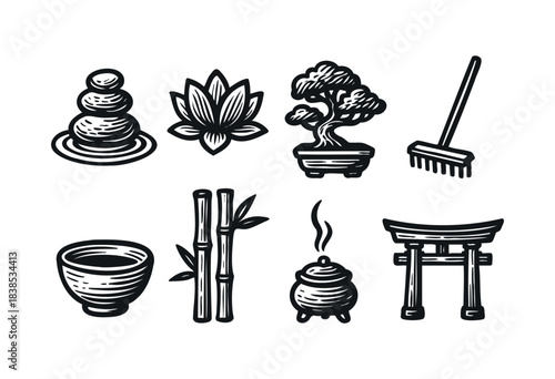 Collection of hand-drawn zen garden elements isolated on a white background — stock illustration.