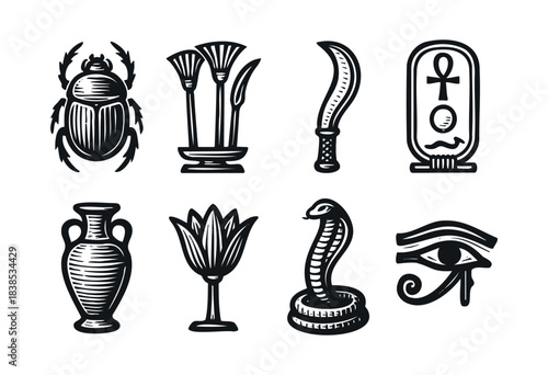 A set of eight black and white Egyptian symbols and artifacts are arranged against a white background — stock vector.