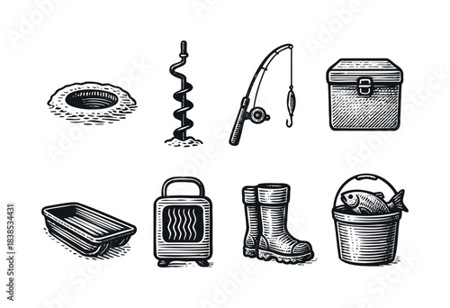 Set of ice fishing tools and equipment in vintage engraving style — stock illustration.