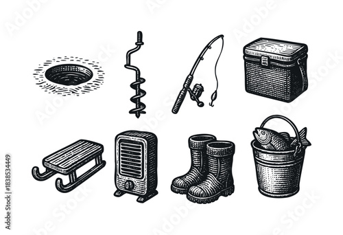 Set of vintage engraving style ice fishing equipment, including auger, rod, and catch — stock illustration.