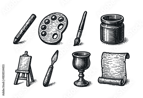 Set of engraving style art supplies including easel, paint palette, brush, scroll, and feather pen — stock vector.