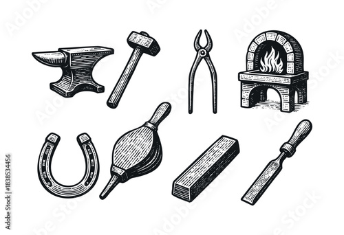 A set of blacksmith tools including an anvil, hammer, tongs, forge, horseshoe, bellows, bar stock, and chisel in a vintage etched style — stock illustration.