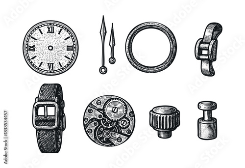Set of engraved vintage watch parts in black and white style — stock illustration.