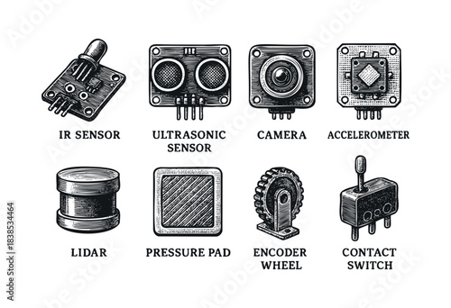 Set of different types of sensors in vintage engraved style — stock illustration.