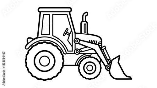 Linear outline of tractor loader with backhoe for construction and farming