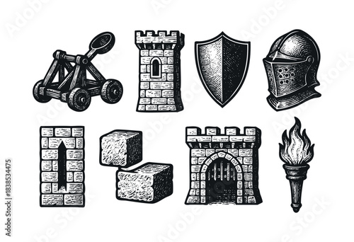Black and white engraving-style illustrations of medieval items including a trebuchet, towers, shield, helmet, torch and stone blocks — stock illustration.