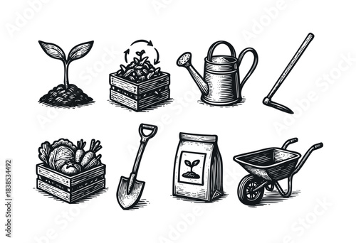 Hand-drawn garden tools and harvested vegetables in woodcut style isolated on a white background — stock illustration.