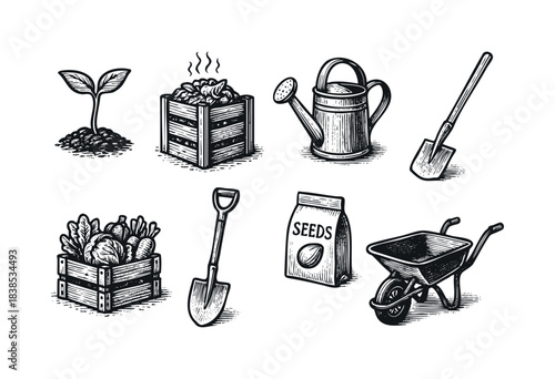 Engraved gardening elements including a seedling, compost, watering can, shovel, wheelbarrow, seeds and crops in crates — stock vector.