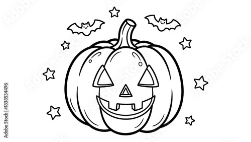 Halloween jack o lantern pumpkin with bats and stars outline drawing