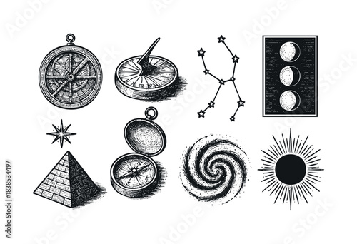 A collection of celestial and navigational symbols, including a compass, sun, moon phases, and constellation in an etched style — stock illustration.
